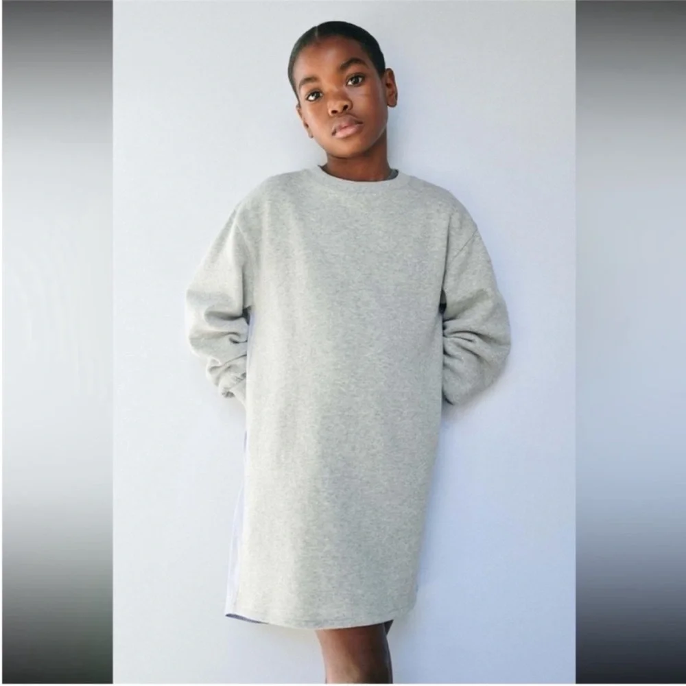 Zara kids, gray marl, CONTRASTING STRIPED PLUSH DRESS, 8-9 years